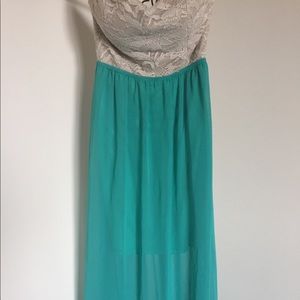 Strapless Turquoise and Gold Formal Dress